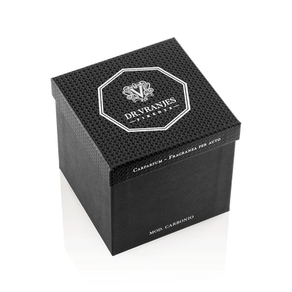 Eclectic Dr Vranjes carbon fibre car diffuser packaging box with octagonal logo on a black background