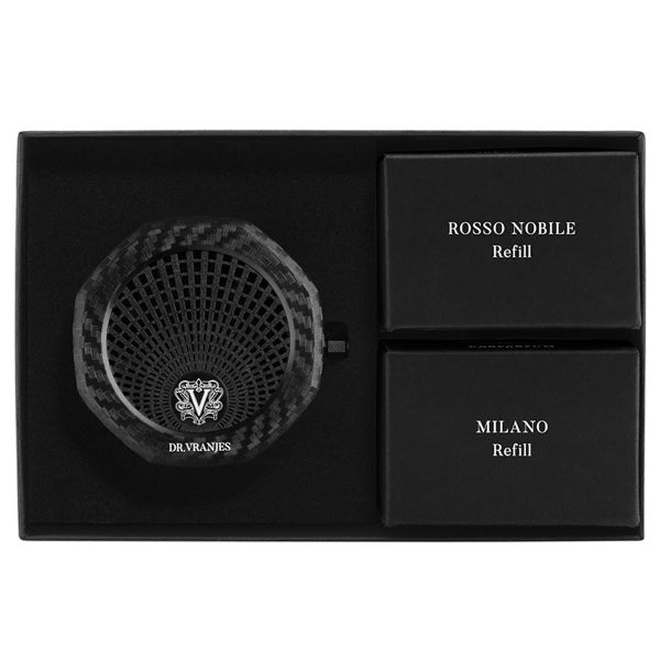 Eclectic Dr. Vranjes Carparfum gift set with carbon fiber diffuser and Rosso Nobile and Milano fragrance refills.
