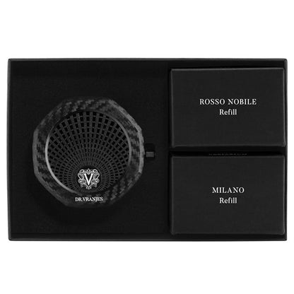 Eclectic Dr. Vranjes Carparfum gift set with carbon fiber diffuser and Rosso Nobile and Milano fragrance refills.