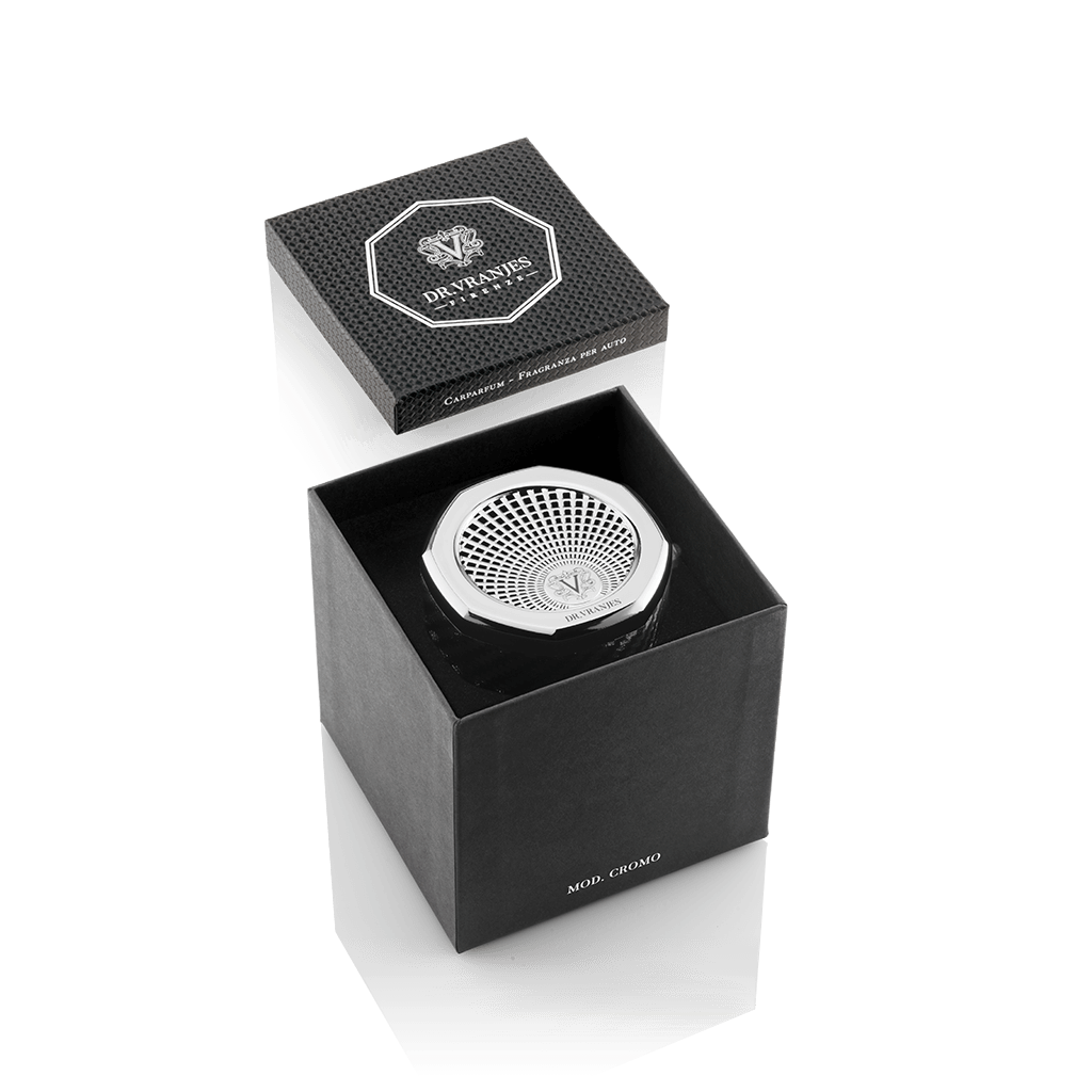 Eclectic Dr Vranjes chrome car fragrance diffuser in an open black gift box with octagonal architectural design