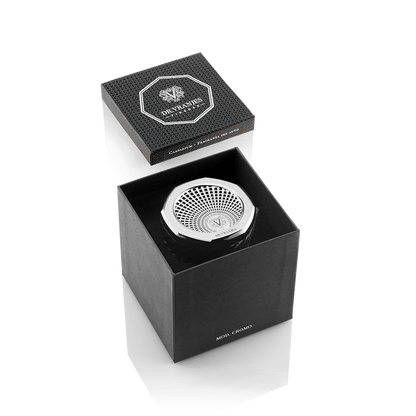 Eclectic Dr Vranjes chrome car fragrance diffuser in an open black gift box with octagonal architectural design