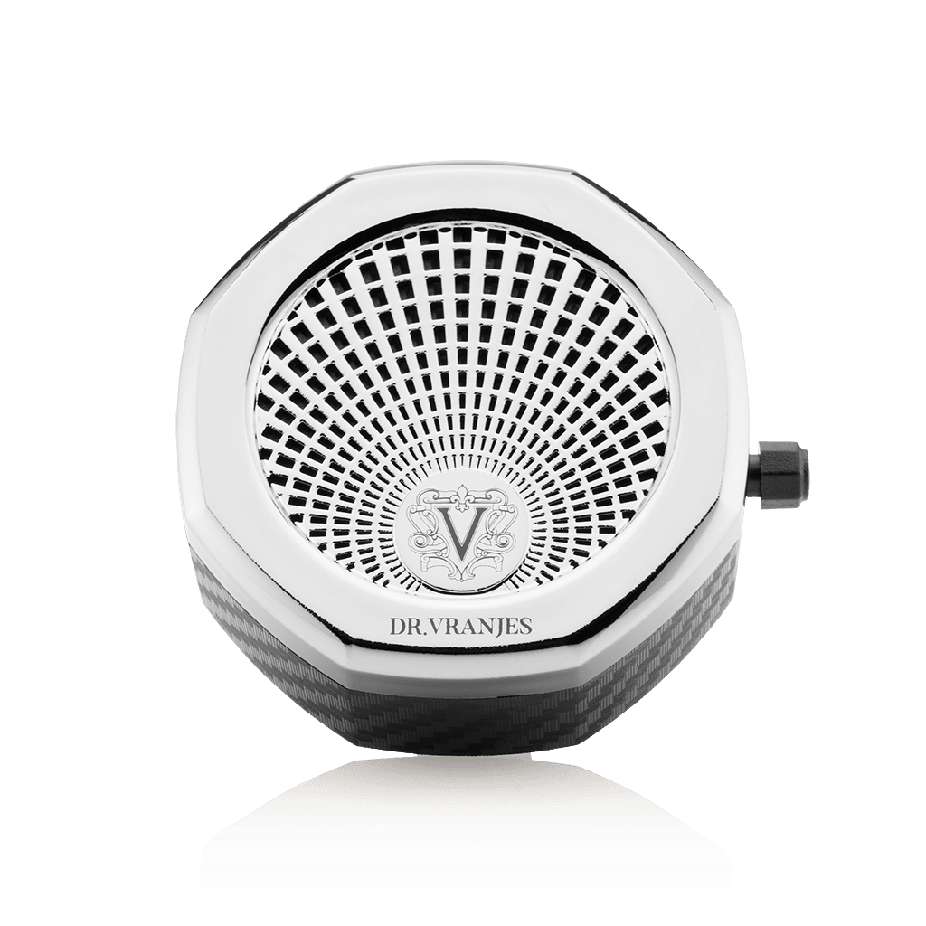 Eclectic Dr Vranjes chrome car fragrance diffuser with an octagonal design inspired by the Florence Cathedral dome.