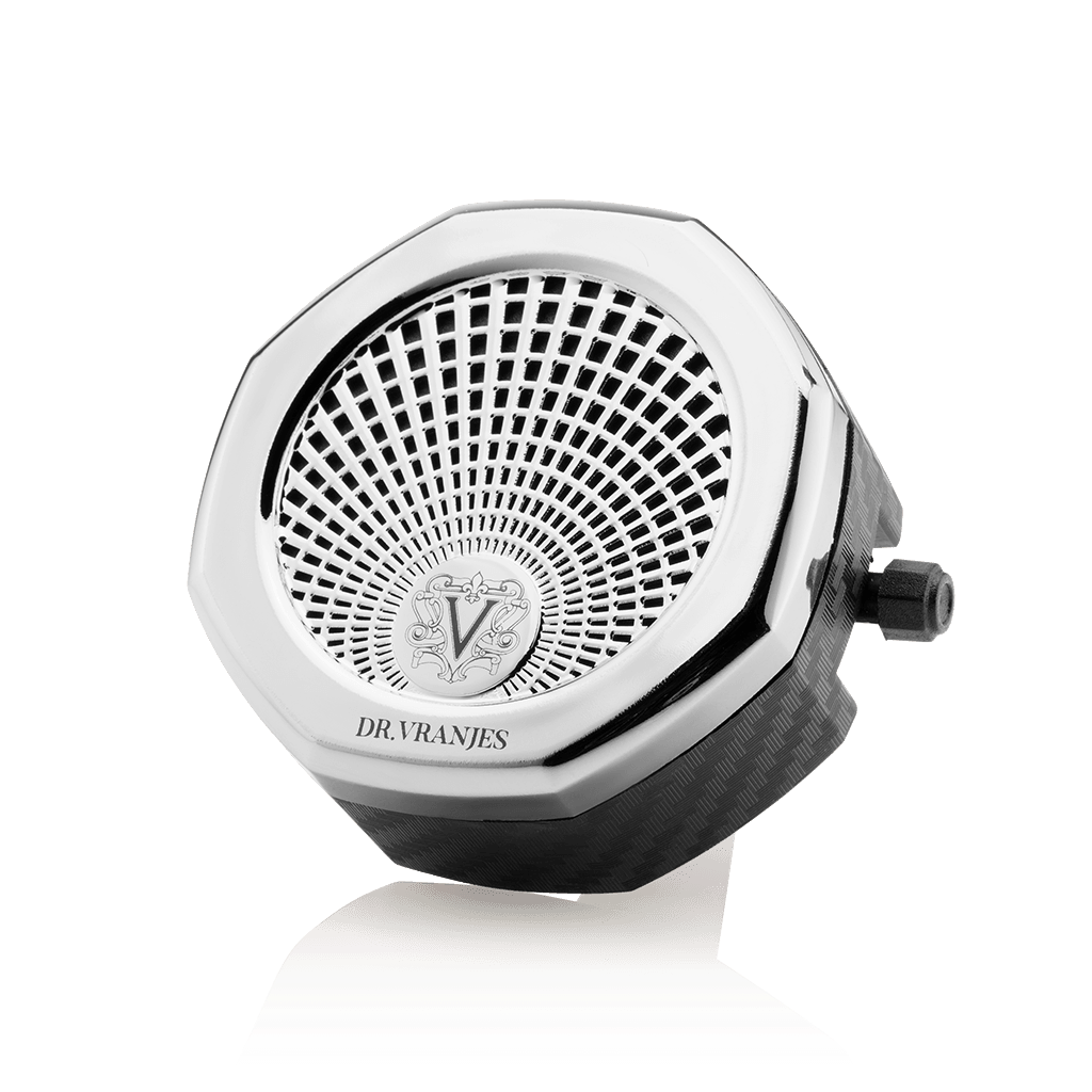 Eclectic Dr Vranjes chrome car fragrance diffuser with an octagonal design and adjustable intensity lever.