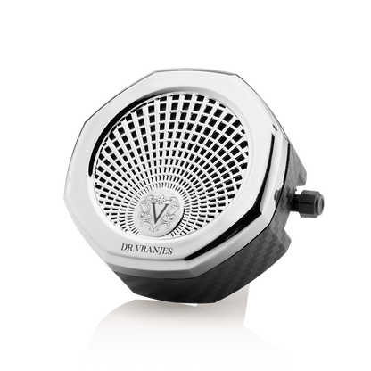 Eclectic Dr Vranjes chrome car fragrance diffuser with an octagonal design and adjustable intensity lever.
