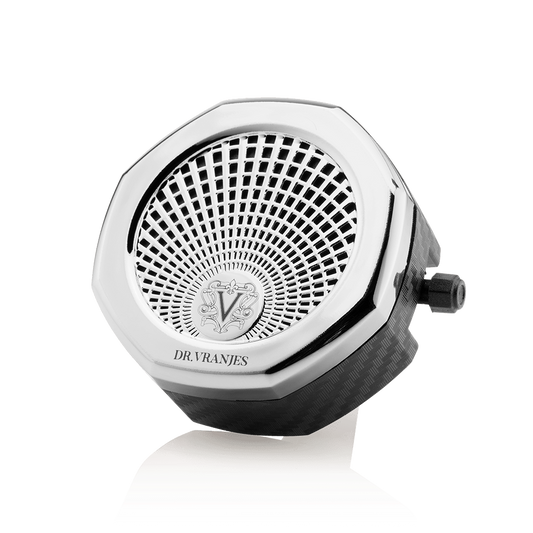Eclectic Dr Vranjes chrome car fragrance diffuser with an octagonal design and adjustable intensity lever.