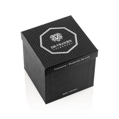 Eclectic Dr Vranjes Chrome Carparfum diffuser in a black textured presentation box with octagonal logo branding.