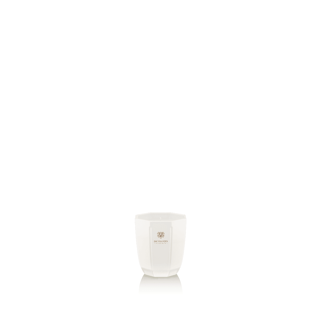 Eclectic Dr. Vranjes Ginger Lime scented candle in a luxurious pearl-coloured glass vase on a black background.