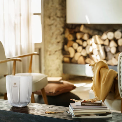 Eclectic Dr Vranjes Ginger Lime scented candle in a pearl glass vase on a wooden table in a cozy living room.