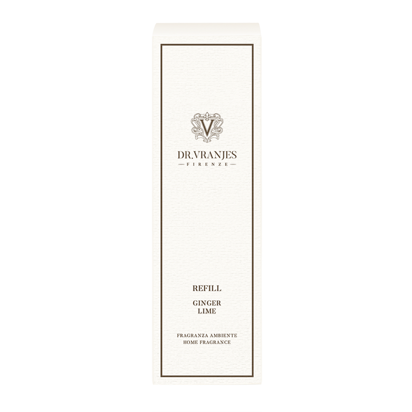 Eclectic Dr Vranjes Ginger Lime diffuser refill bottle in white packaging with elegant branding
