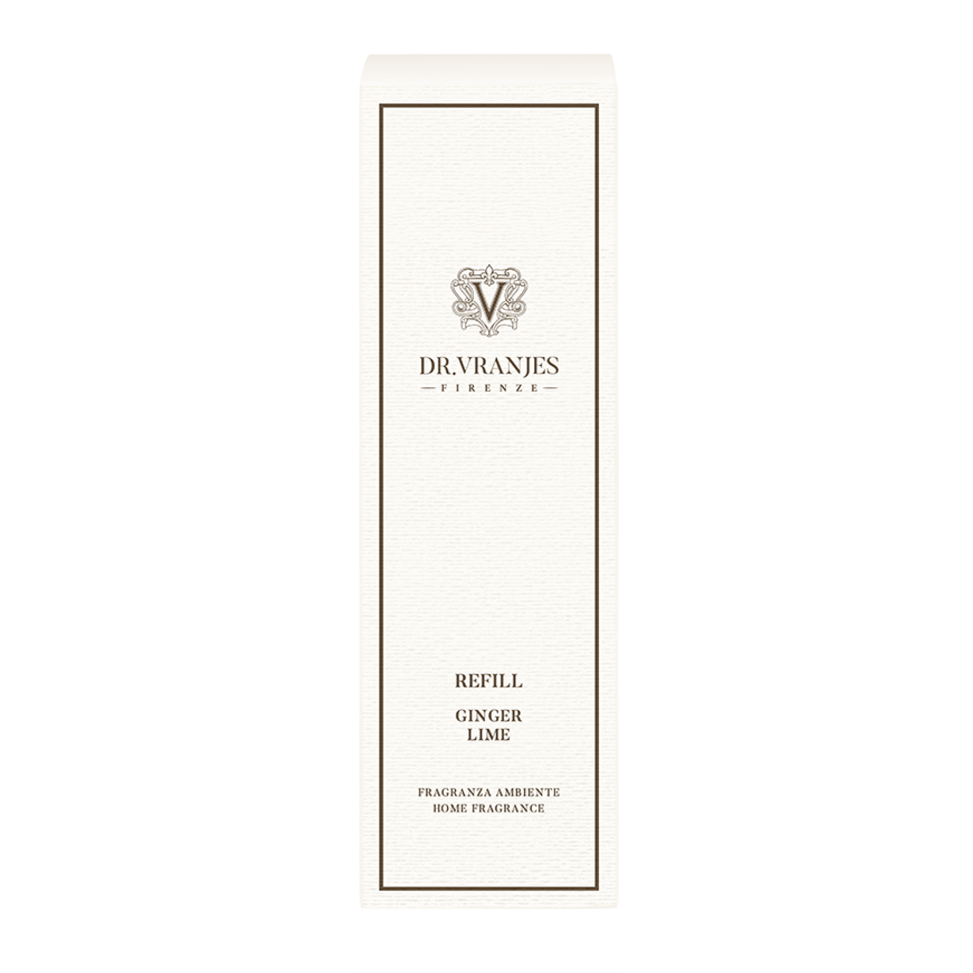 Eclectic Dr Vranjes Ginger Lime diffuser refill bottle in white packaging with elegant branding
