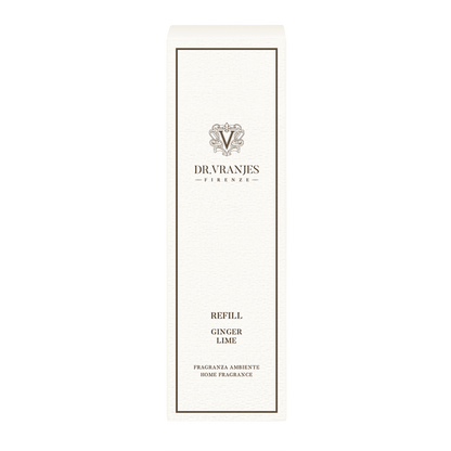 Eclectic Dr Vranjes Ginger Lime diffuser refill bottle in white packaging with elegant branding