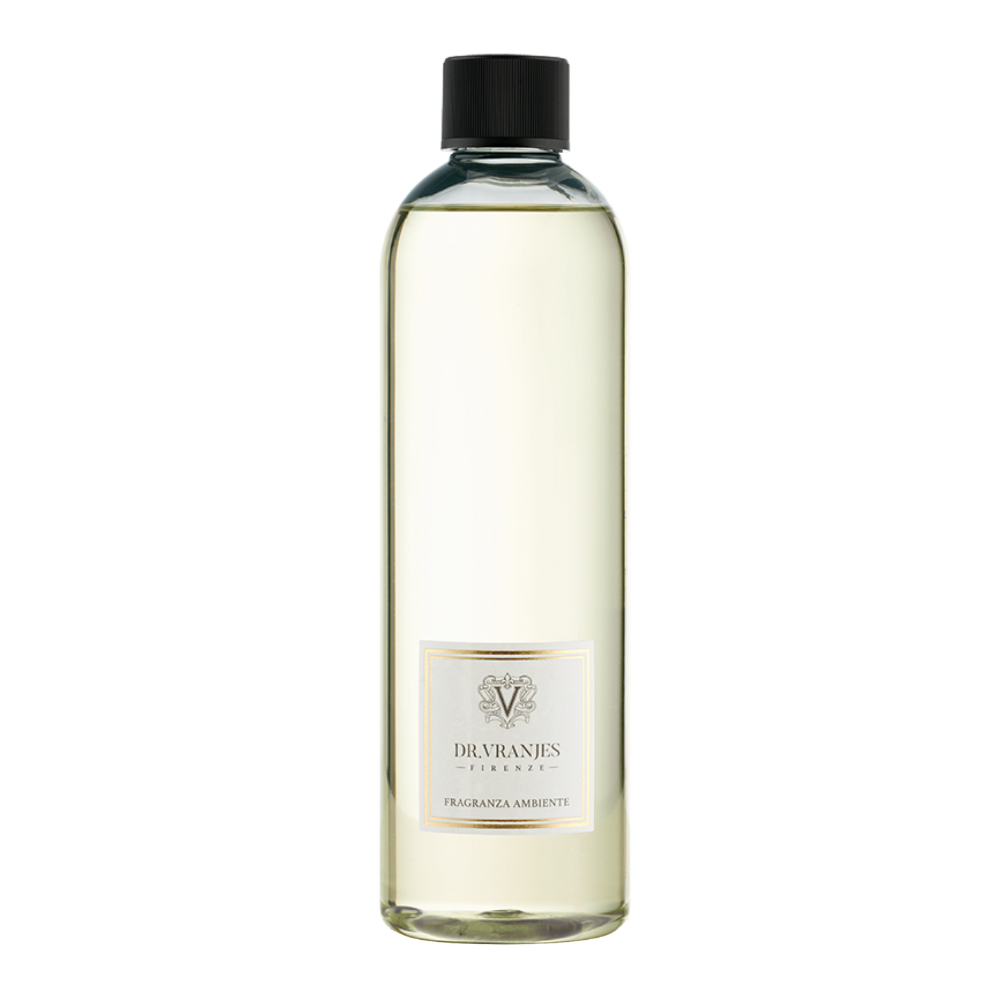 Eclectic Dr Vranjes Ginger Lime diffuser refill bottle with clear fragrance oil and elegant label on black background