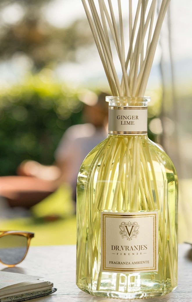 Eclectic Dr Vranjes Ginger Lime diffuser refill in a glass bottle with reeds, featuring a bright citrus scent.