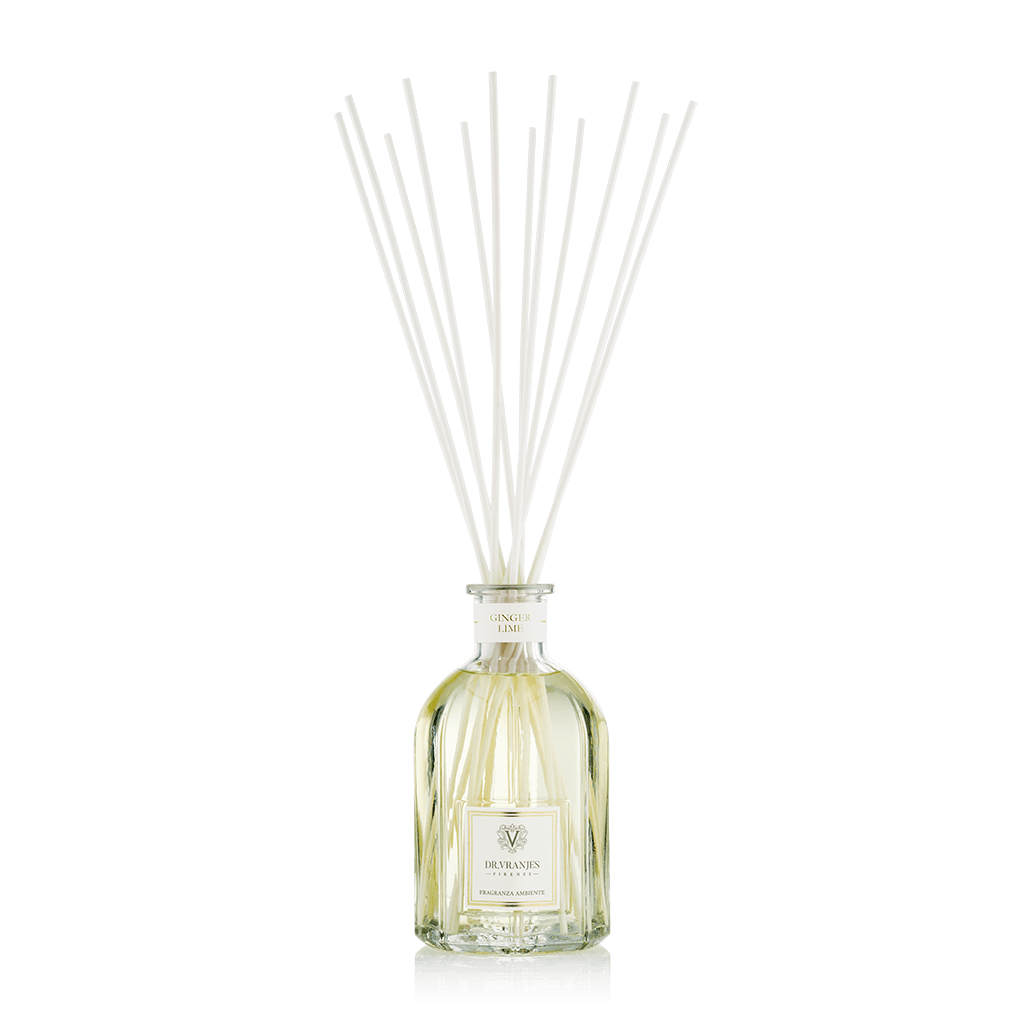 Eclectic Dr Vranjes Ginger Lime reed diffuser in a clear glass bottle with natural sticks against a black background