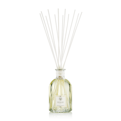 Eclectic Dr Vranjes Ginger Lime reed diffuser in a clear glass bottle with natural sticks against a black background