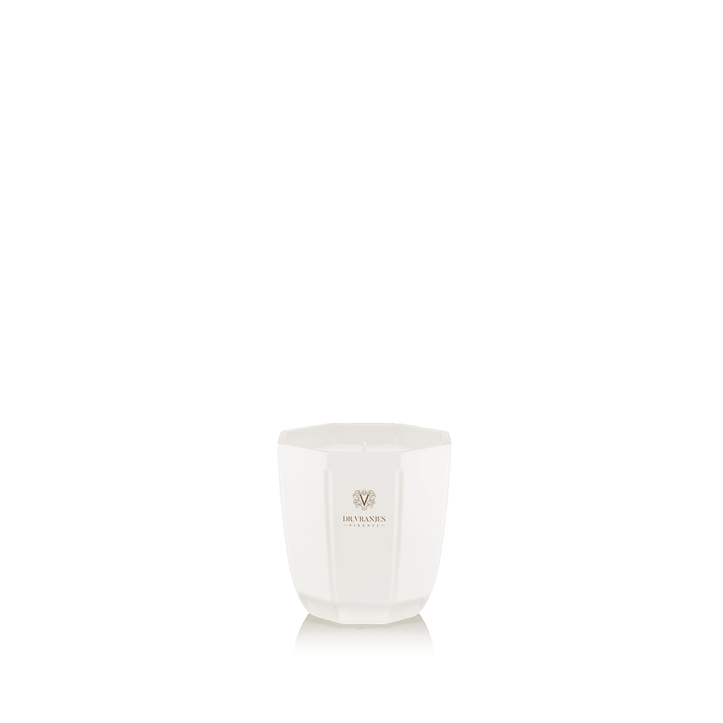 Eclectic Dr. Vranjes Ginger Lime scented candle in a luxurious pearl-coloured glass vase with a hexagonal design.