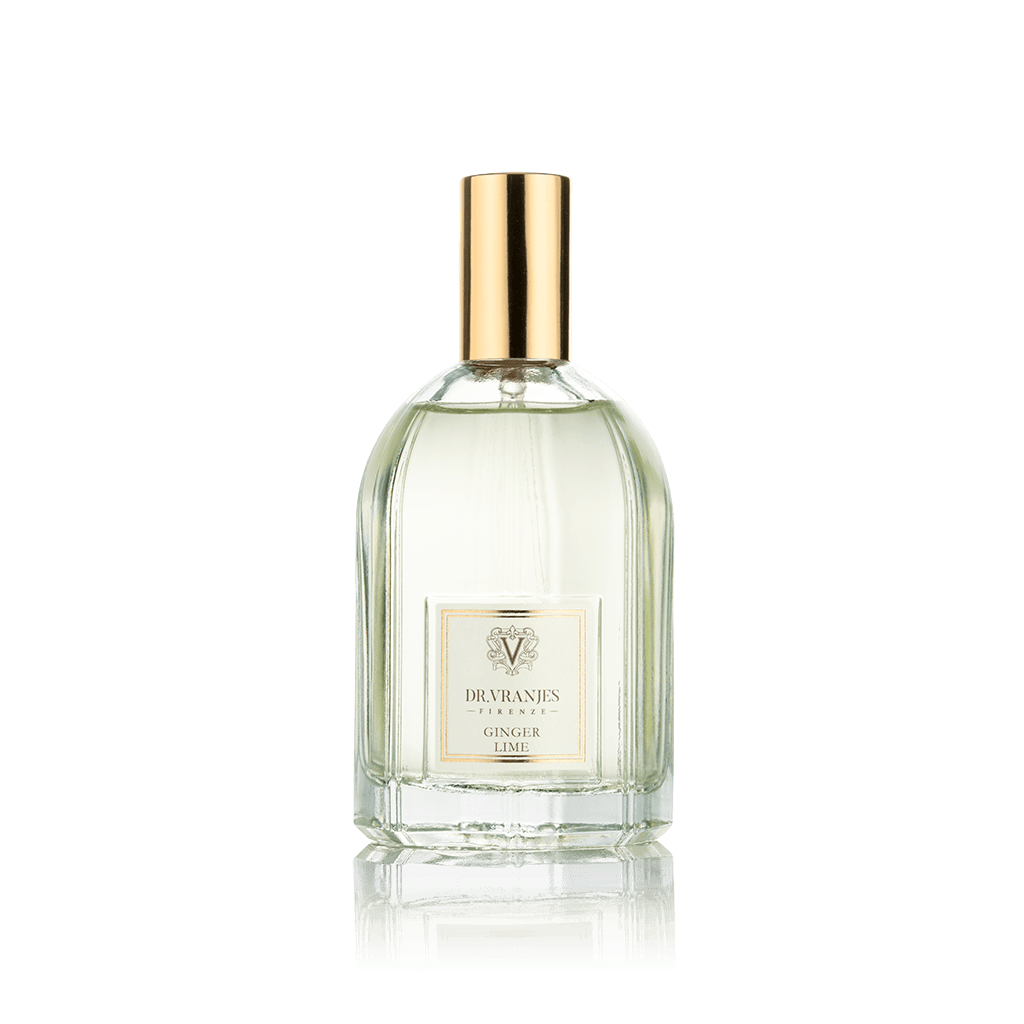 Eclectic Dr. Vranjes Ginger Lime room spray in a 100ml glass bottle with a gold cap against a black background.