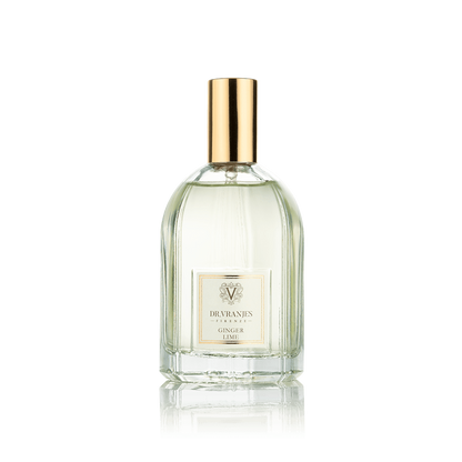 Eclectic Dr. Vranjes Ginger Lime room spray in a 100ml glass bottle with a gold cap against a black background.