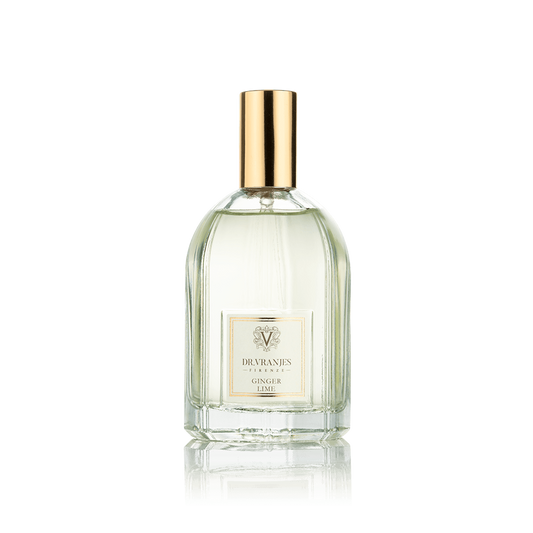 Eclectic Dr. Vranjes Ginger Lime room spray in a 100ml glass bottle with a gold cap against a black background.