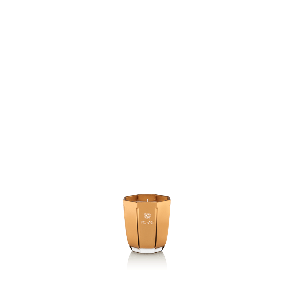 Eclectic Dr. Vranjes Oud Nobile scented candle in a luxurious gold-coloured glass vase on a black background.