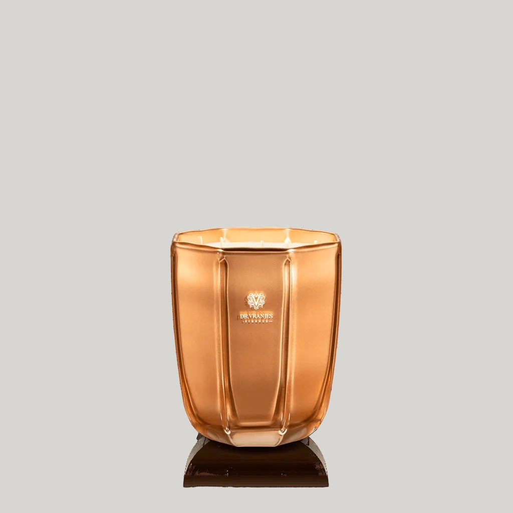 Eclectic Dr. Vranjes Oud Nobile scented candle in a luxurious metallic gold glass vase with a faceted design.