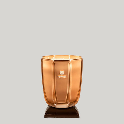 Eclectic Dr. Vranjes Oud Nobile scented candle in a luxurious metallic gold glass vase with a faceted design.