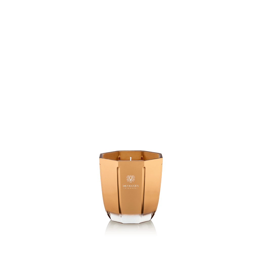 Eclectic Dr. Vranjes Oud Nobile scented candle in a luxurious gold-coloured glass vase on a black background.