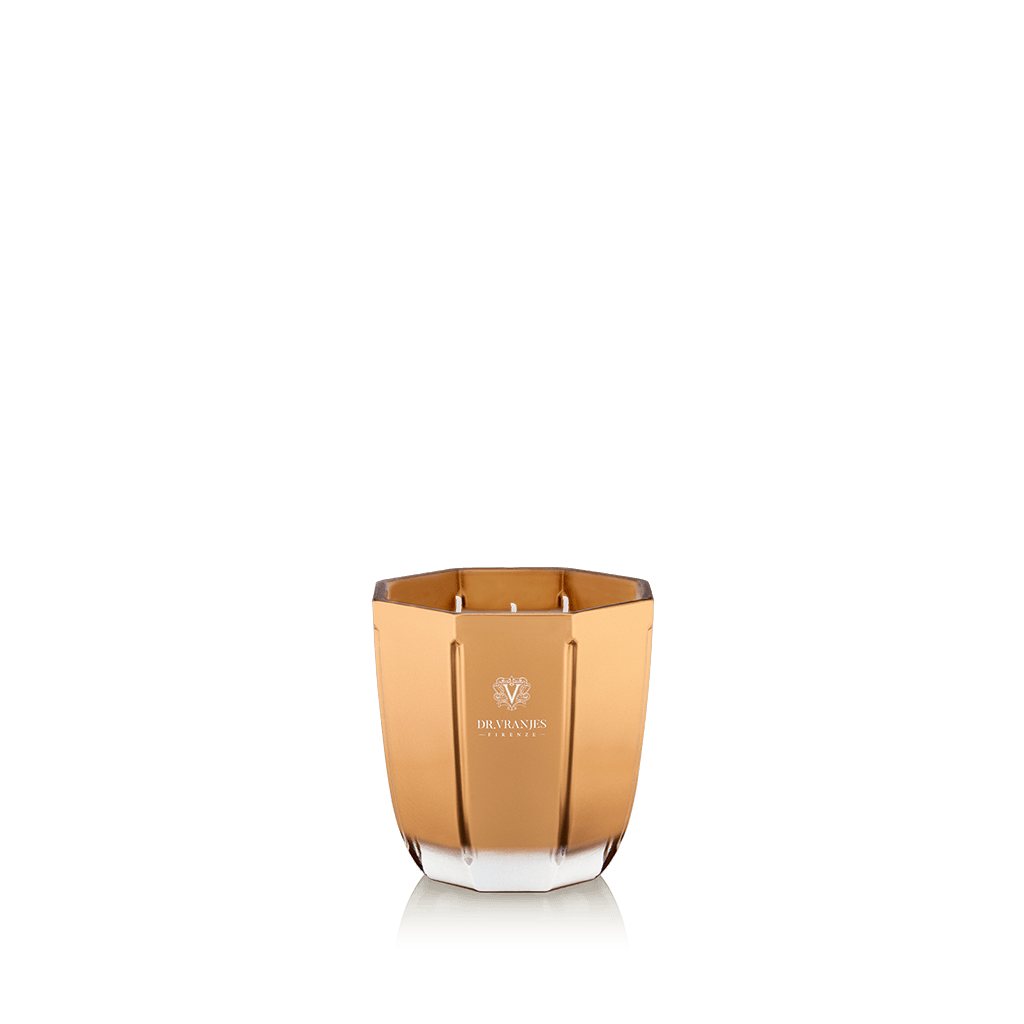 Eclectic Dr. Vranjes Oud Nobile scented candle in a luxurious gold-coloured glass vase against a black background.