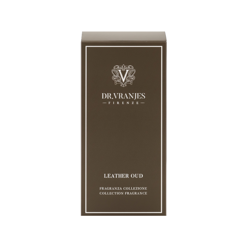 Eclectic Dr Vranjes Leather Oud fragrance diffuser box in dark brown with elegant white branding and text.