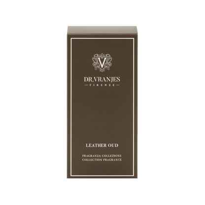 Eclectic Dr Vranjes Leather Oud fragrance diffuser box in dark brown with elegant white branding and text.