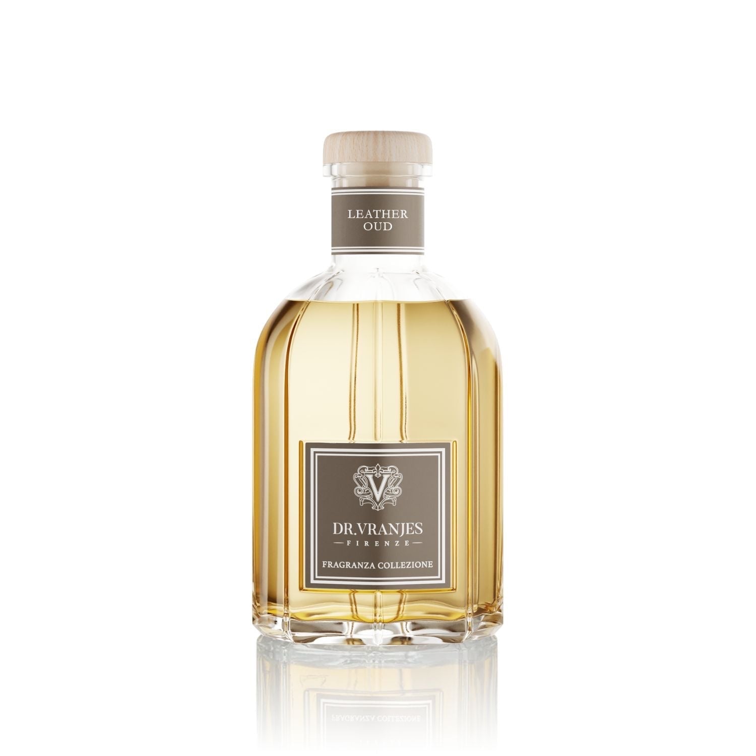 Eclectic Dr Vranjes Leather Oud reed diffuser in an iconic glass bottle with a wooden cap on a white background.