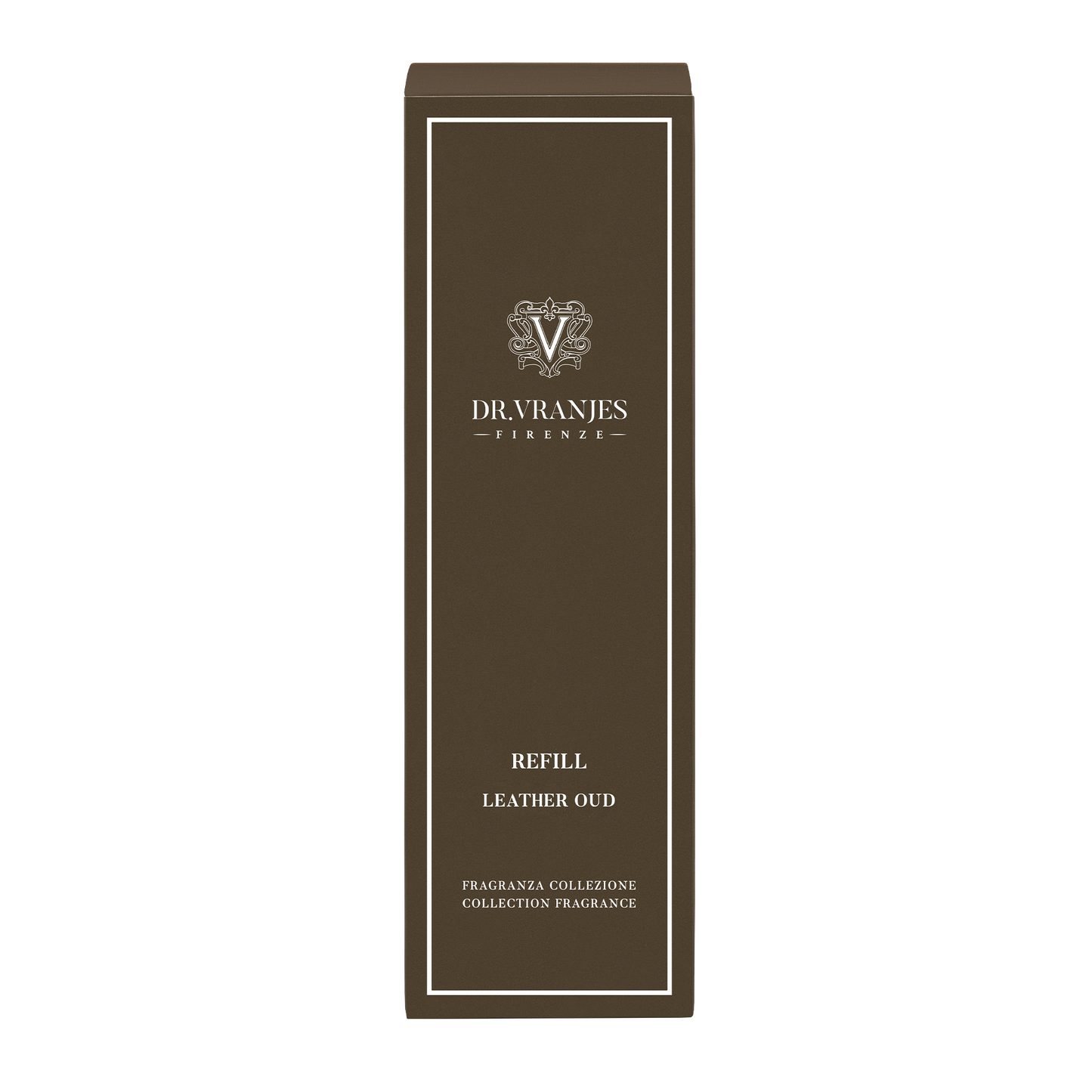 Eclectic Dr Vranjes Leather Oud diffuser refill box in dark brown with white elegant branding and text.