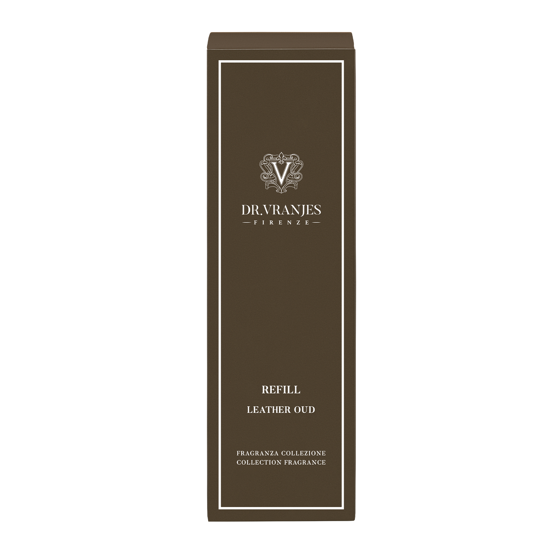 Eclectic Dr Vranjes Leather Oud diffuser refill box in dark brown with white elegant branding and text.