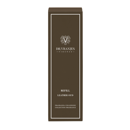 Eclectic Dr Vranjes Leather Oud diffuser refill box in dark brown with white elegant branding and text.