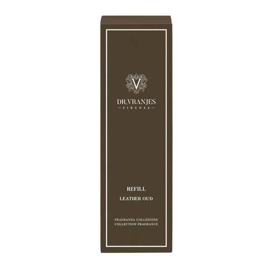 Eclectic Dr Vranjes Leather Oud diffuser refill box in dark brown with white elegant branding and text.
