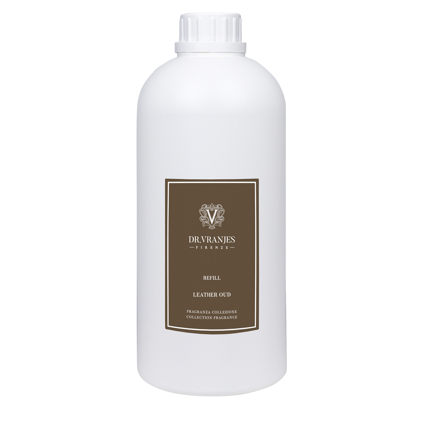 Eclectic Dr Vranjes Leather Oud diffuser refill bottle in white plastic with a brown label
