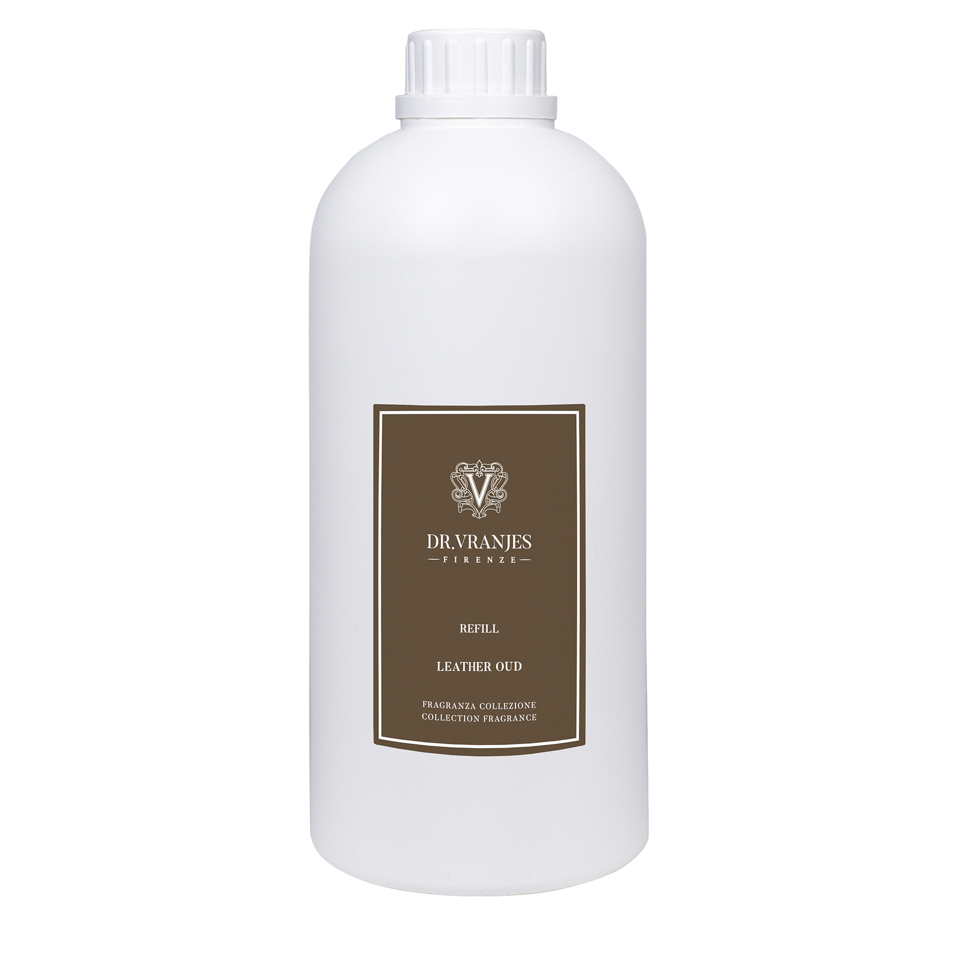 Eclectic Dr Vranjes Leather Oud diffuser refill bottle in white plastic with a brown label