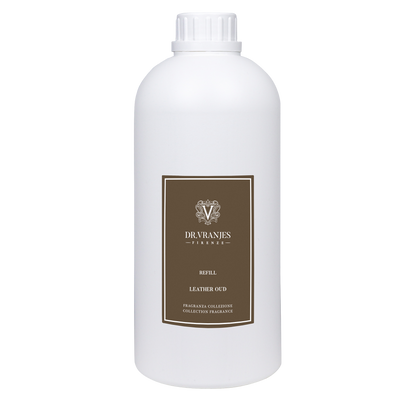 Eclectic Dr Vranjes Leather Oud diffuser refill bottle in white plastic with a brown label