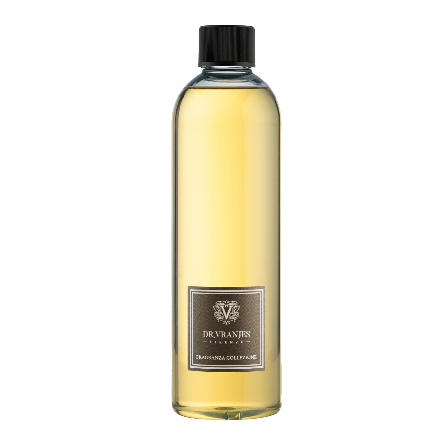 Eclectic Dr Vranjes Leather Oud diffuser refill bottle with golden fragrance oil and black cap