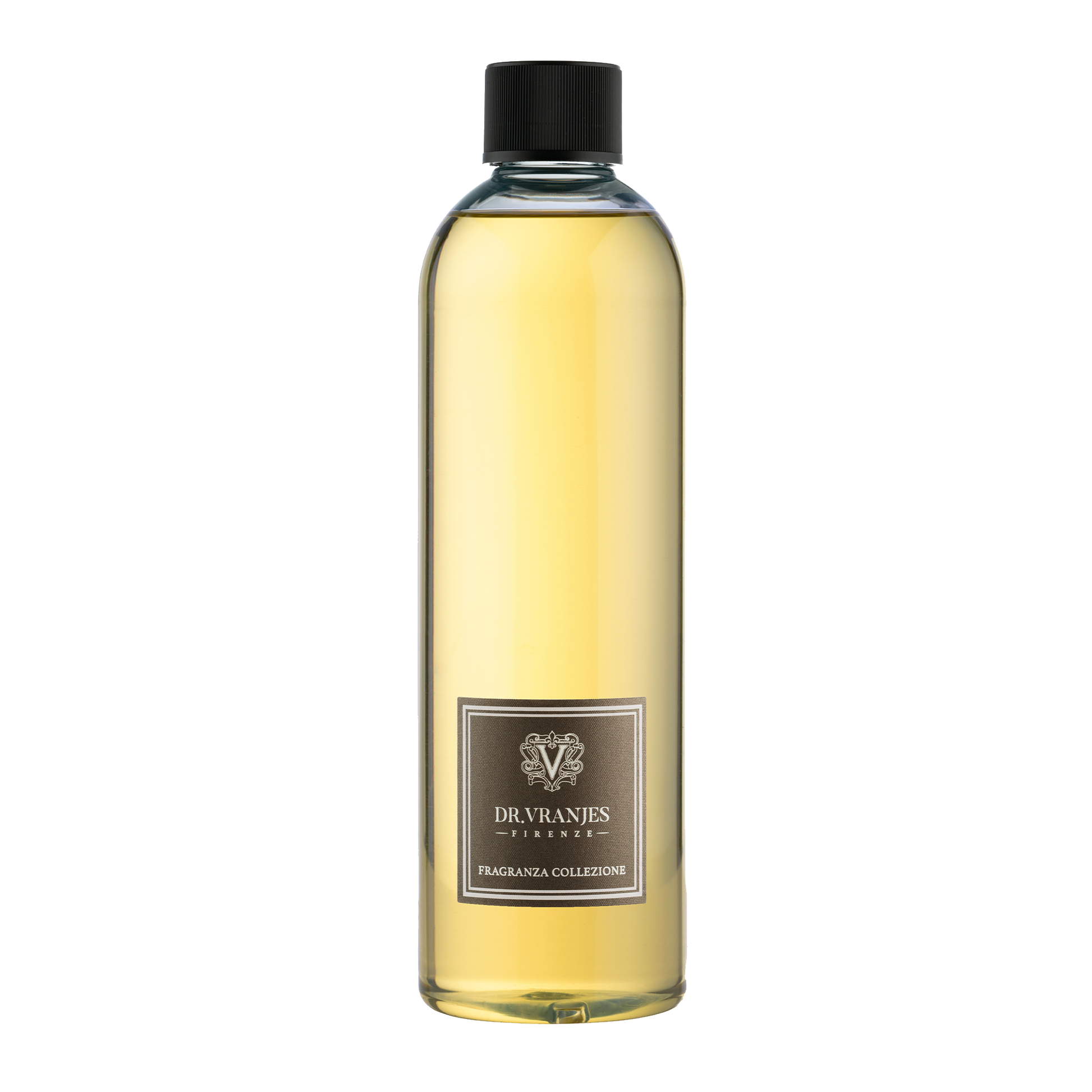 Eclectic Dr Vranjes Leather Oud diffuser refill bottle with golden fragrance oil and black cap