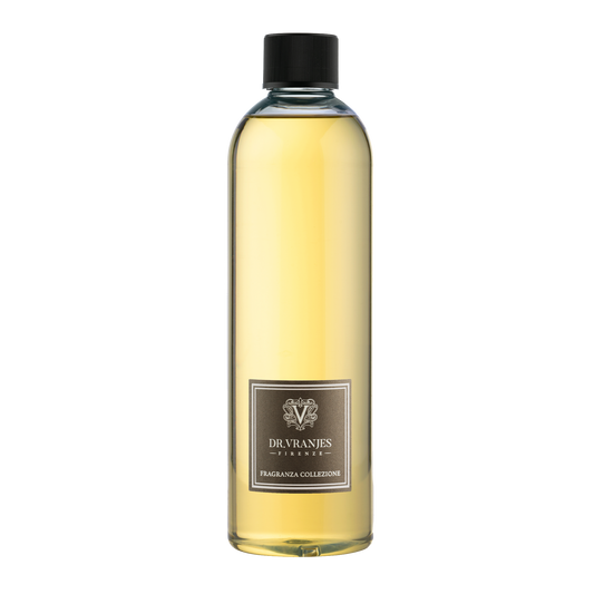 Eclectic Dr Vranjes Leather Oud diffuser refill bottle with golden fragrance oil and black cap