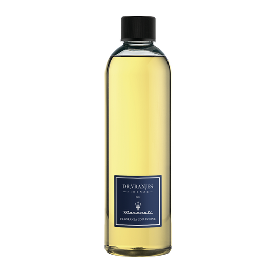 Eclectic Dr Vranjes Maserati diffuser refill bottle with golden fragrance oil and blue label on black background