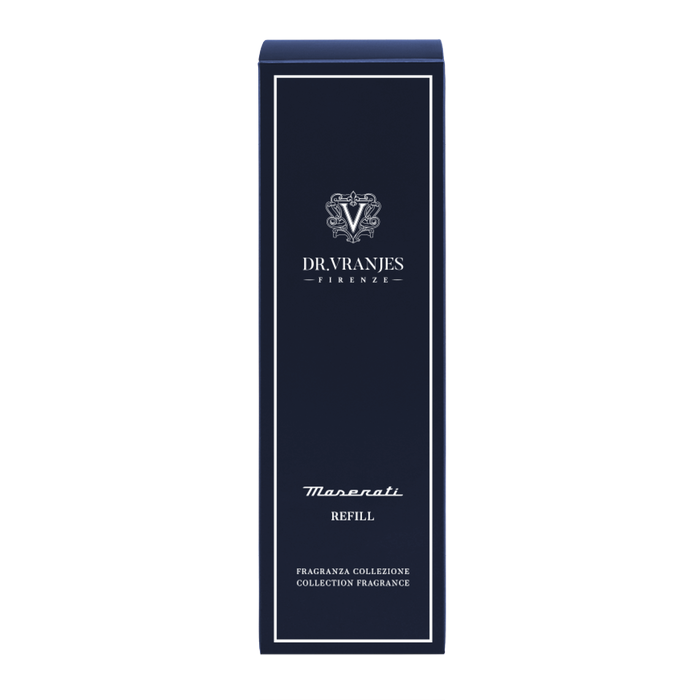 Eclectic Dr Vranjes Maserati diffuser refill bottle in a dark blue box with white branding and elegant typography.
