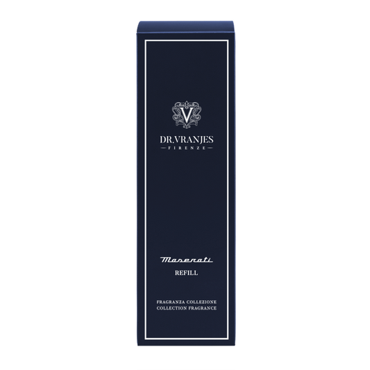 Eclectic Dr Vranjes Maserati diffuser refill bottle in a dark blue box with white branding and elegant typography.