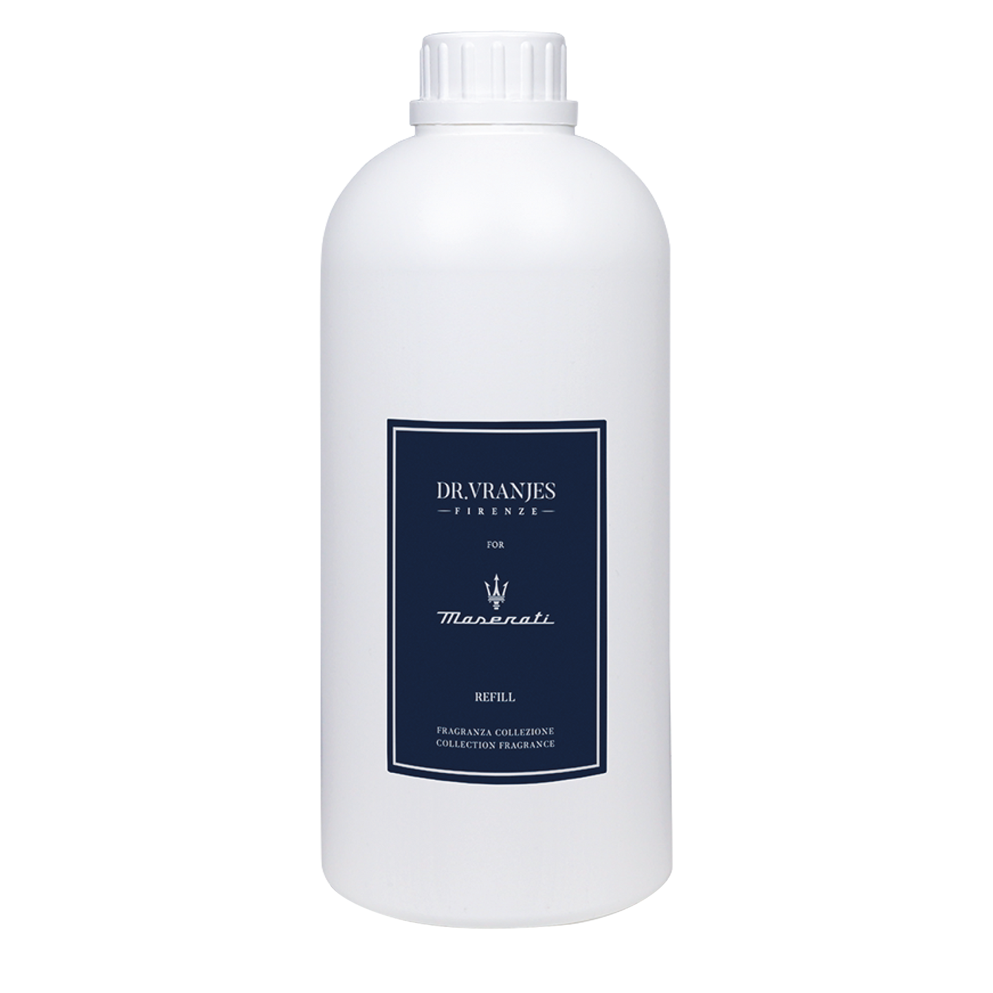 Eclectic Dr Vranjes Maserati diffuser refill bottle in white with a dark blue label featuring the Maserati logo.