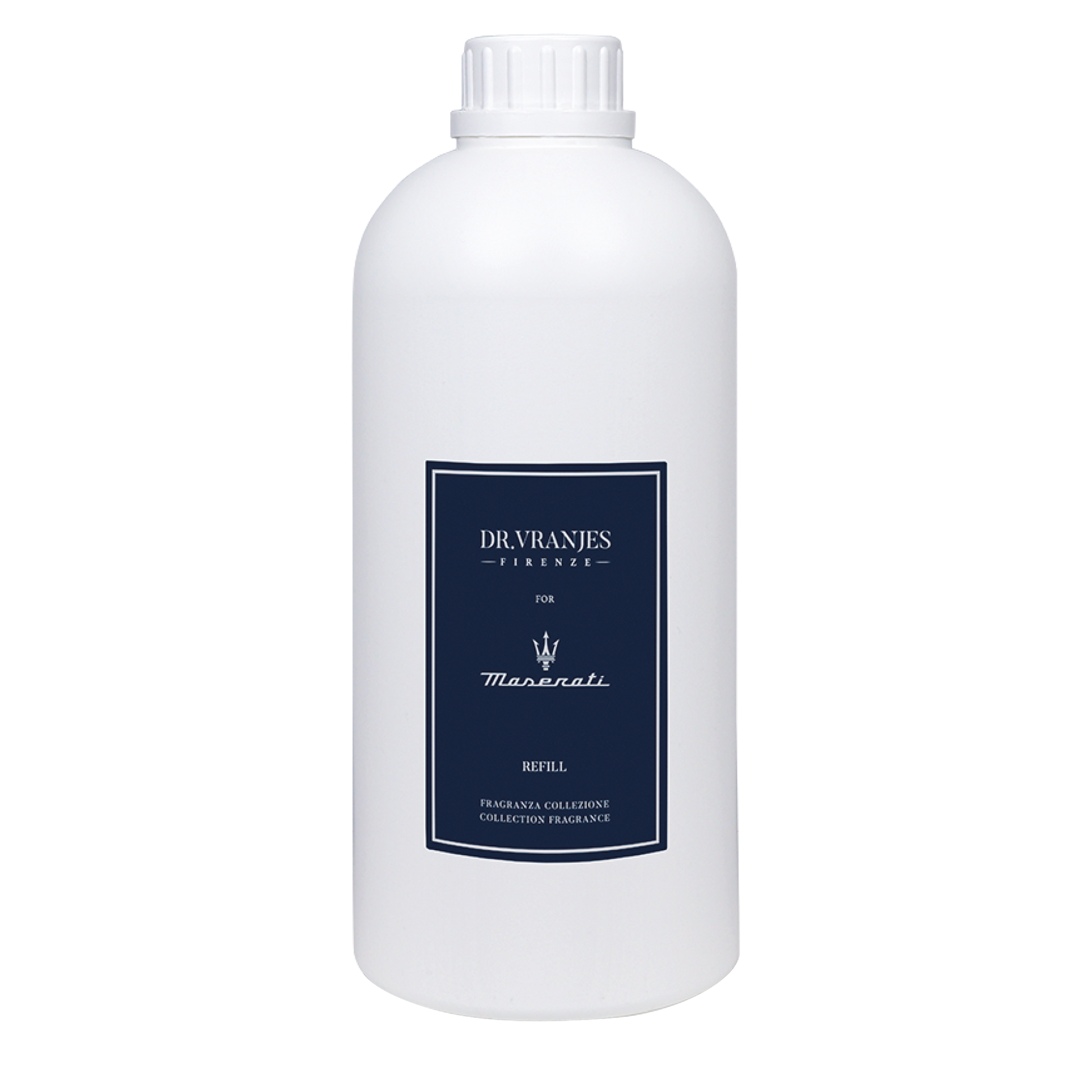 Eclectic Dr Vranjes Maserati diffuser refill bottle in white with a dark blue label featuring the Maserati logo.