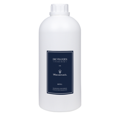Eclectic Dr Vranjes Maserati diffuser refill bottle in white with a dark blue label featuring the Maserati logo.