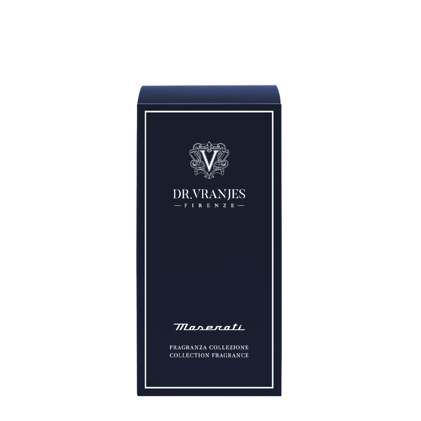 Eclectic Dr Vranjes Maserati reed diffuser fragrance box in dark blue with elegant white branding and logo.