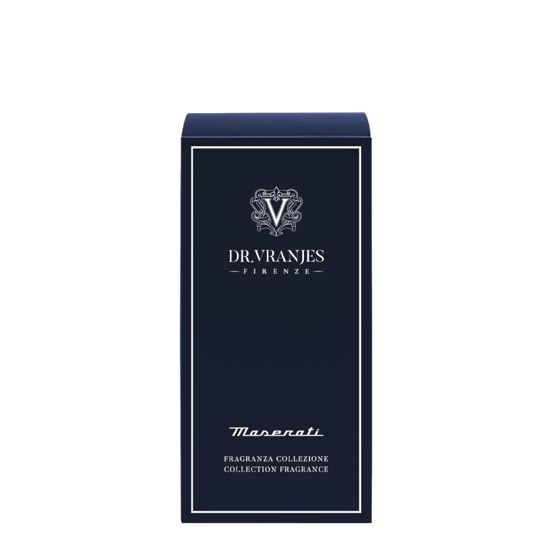 Eclectic Dr Vranjes Maserati reed diffuser fragrance box in dark blue with elegant white branding and logo.