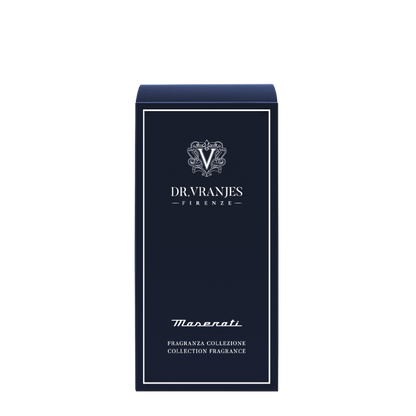 Eclectic Dr Vranjes Maserati reed diffuser fragrance box in dark blue with elegant white branding and logo.